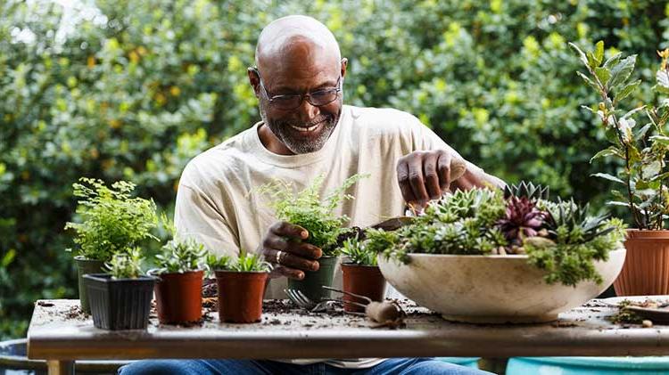 A gentleman doing gardening and enjoying his retirement.