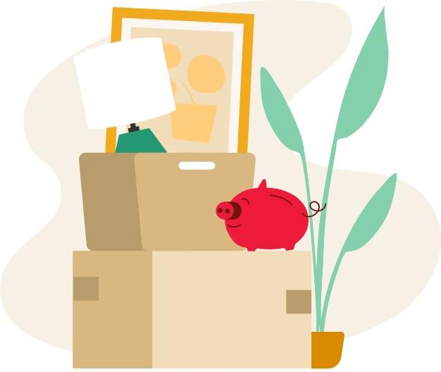 一个红色储蓄罐的卡通形象，快乐地盯着一个移动的盒子，盒子上标着重要的东西.